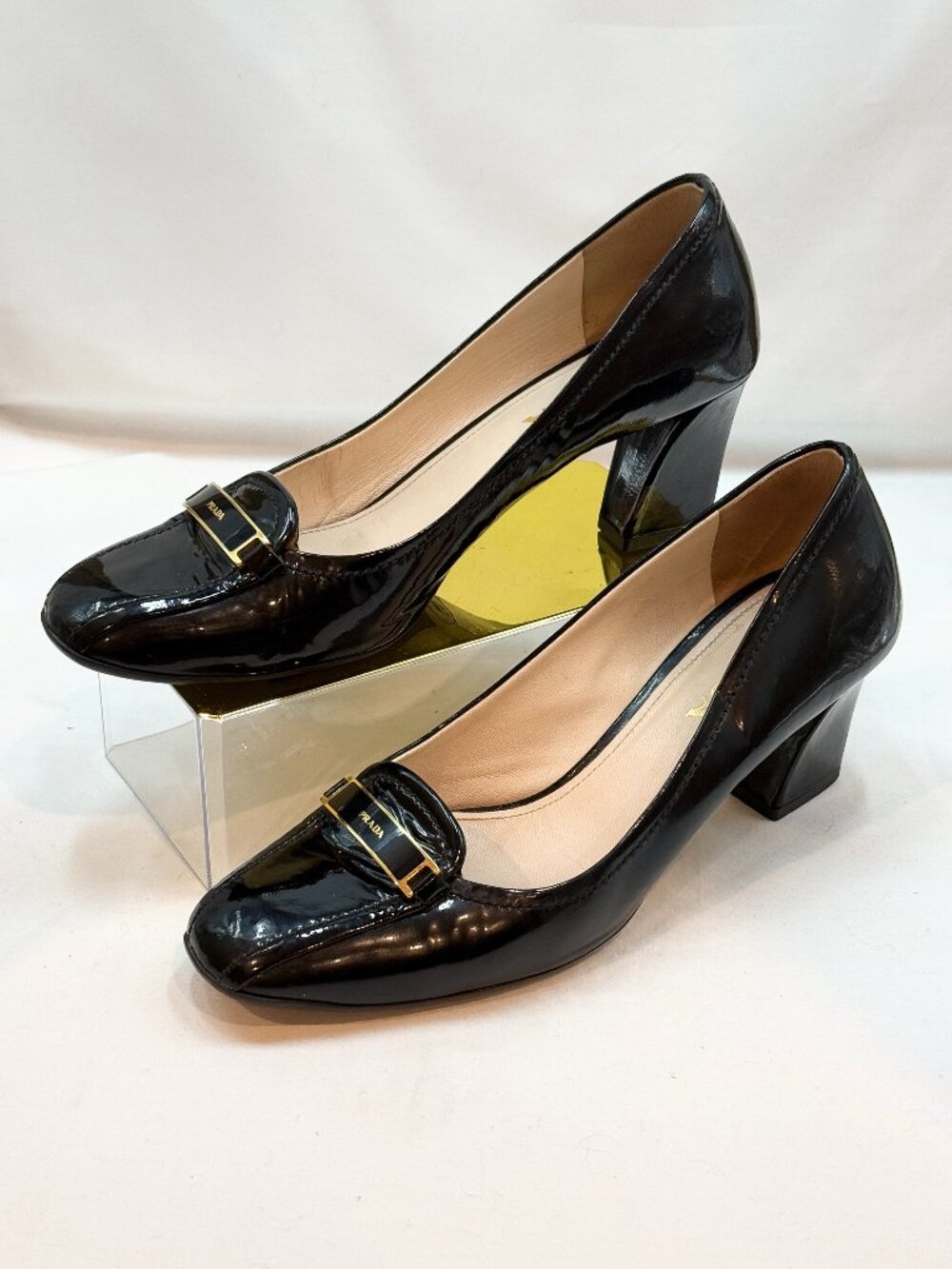 Vintage Prada Black Patent Leather Logo Buckle Pumps Block Heel Size 36.5 / 7